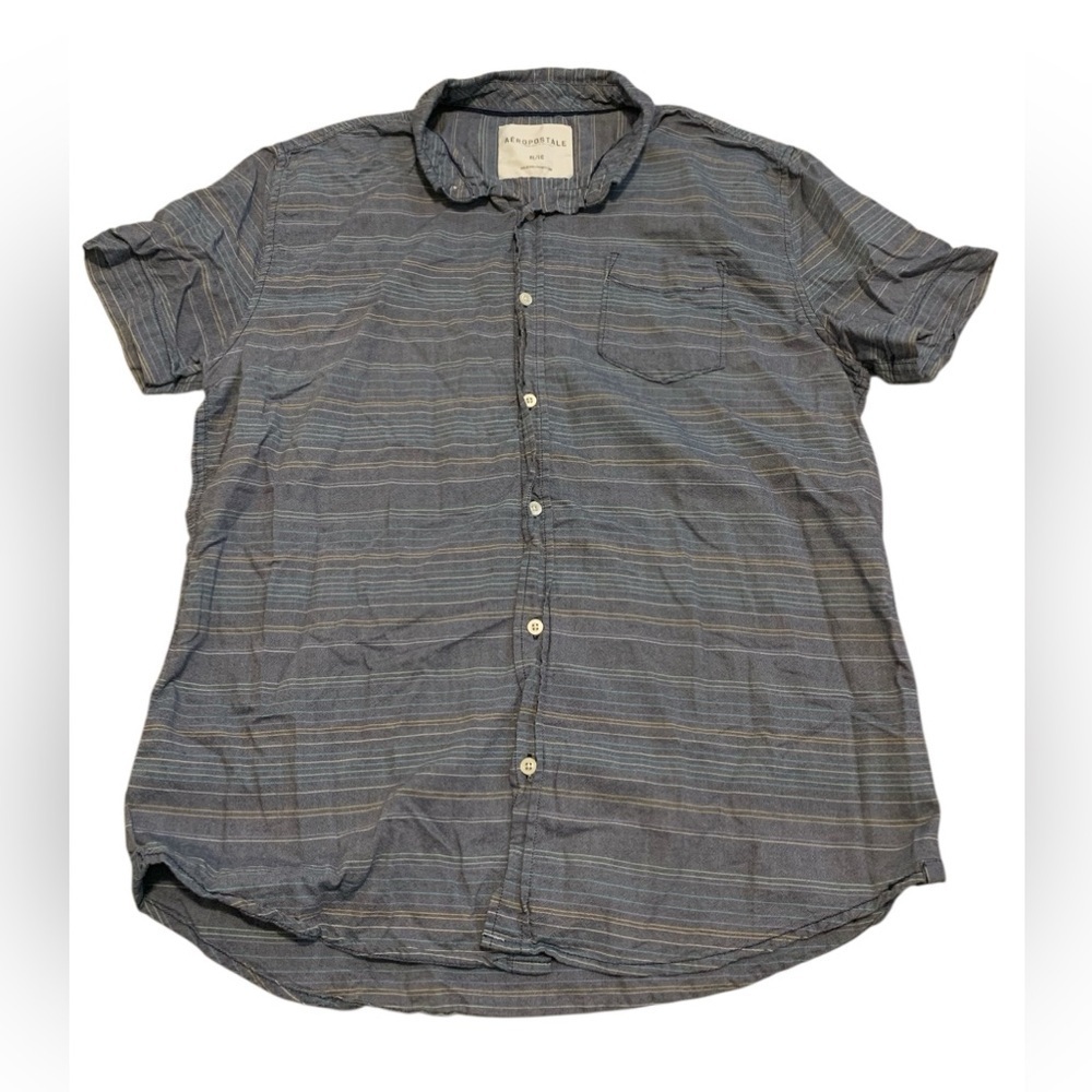 💜 Aeropostale XL/TG Short Sleeve Striped Button Down Shirt Blue/Gray Casual